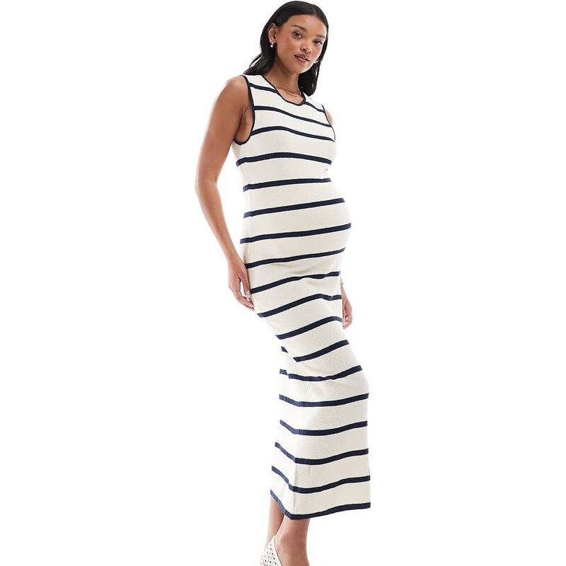 Vero Moda Maternity jersey knit ankle dress in cream and navy stripe 115371506