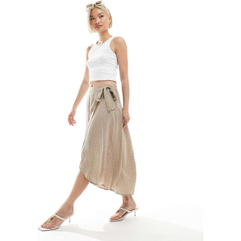 Pieces wrap midi skirt in crockery beige spot print-Neutral