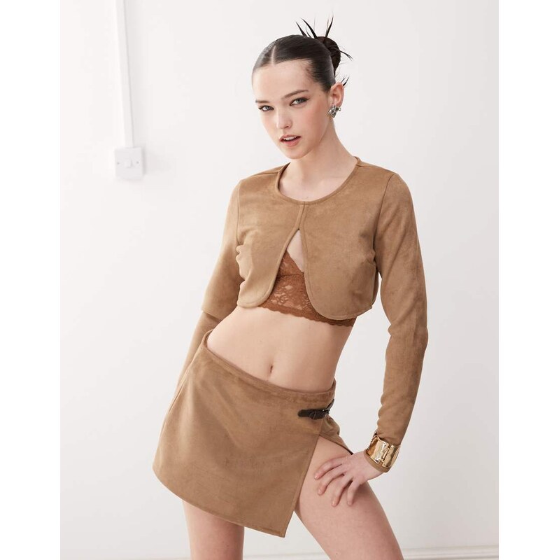 COLLUSION faux suede long sleeve crop top in brown 105153970
