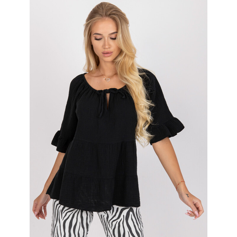 BASIC Černé dámské volné tričko s řasením -black Černá 70136460