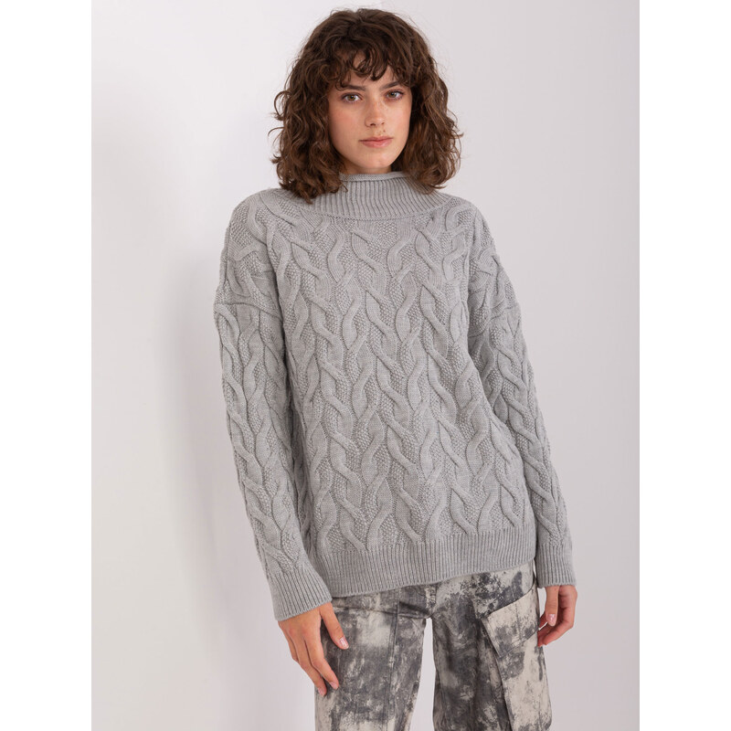 BASIC Šedý copánkový rolákový svetr -grey Šedá