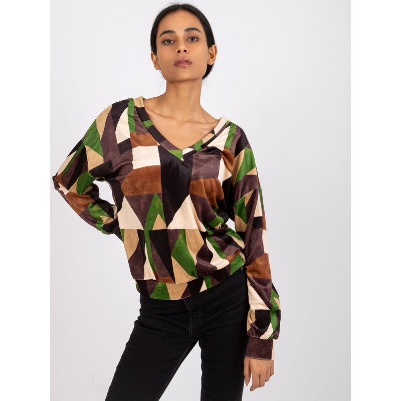 ITALY MODA Hnědo-zelená velurová halenka Liliana --brown-green Vzory 85873409