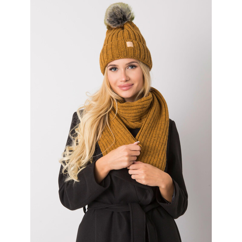 RUE PARIS Hořčicový pletený komplet čepice a šály -mustard yellow 85876008