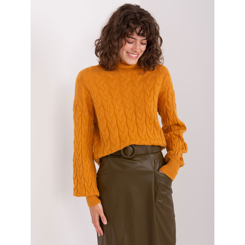 ITALY MODA Hořčicový rolák s copánkovým vzorem -dark yellow Hořčicová 86946100