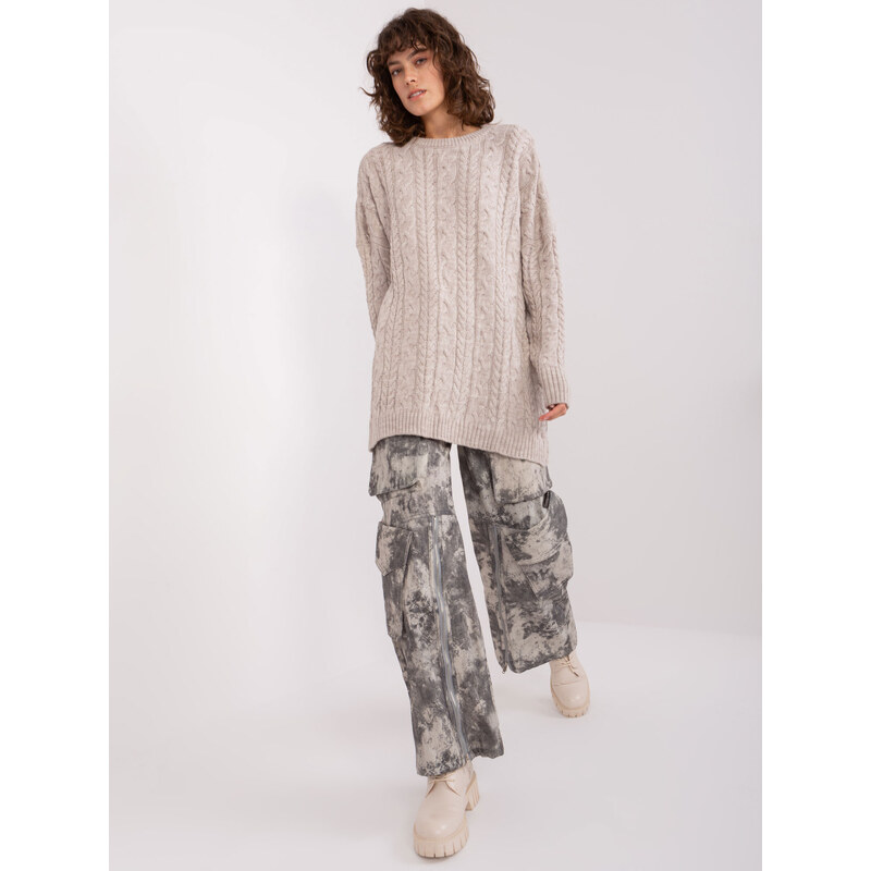 BASIC Béžový volný svetr s copánkovým vzorem -beige Béžová