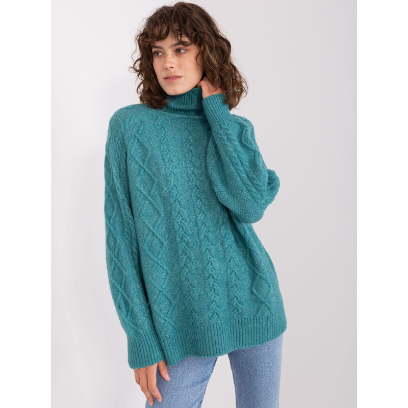 ITALY MODA Tyrkysový rolák s copánkovým vzorem -turquoise