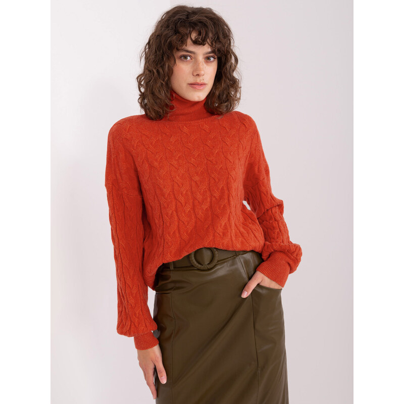 ITALY MODA Tmavě oranžový rolák s copánkovým vzorem -dark orange 87032817