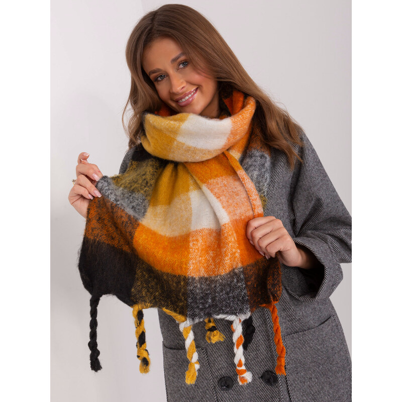 ITALY MODA Černo-oranžová károvaná šála s třásněmi -black-orange 88958674