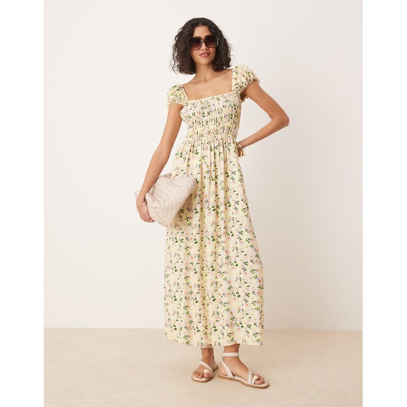 ASOS DESIGN square neck midi dress with cinched channel waist in floral print-Multi