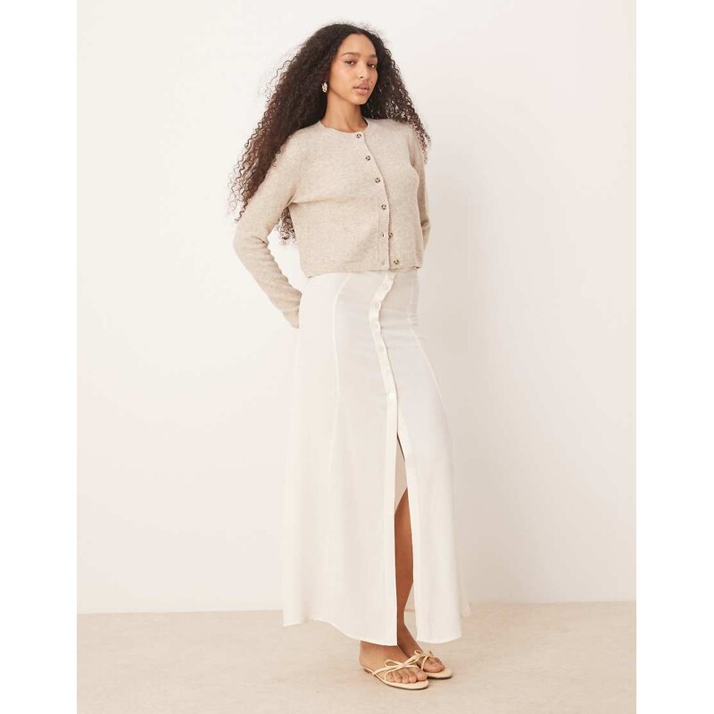 ASOS DESIGN linen blend button through maxi skirt in ivory-White 105160193