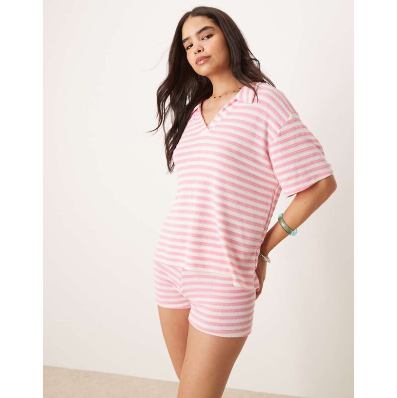 ASOS DESIGN knitted short sleeve rugby collar top co-ord in pink and 105160262