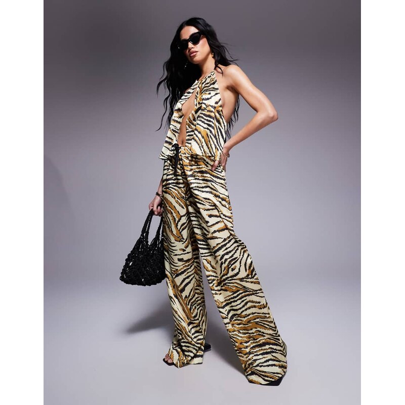 ASOS DESIGN Gia satin beach trouser in animal print-Multi
