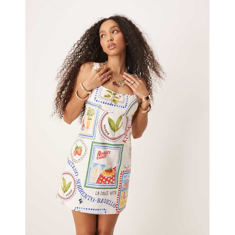 Forever New shirred back mini shift dress in fruit print-White