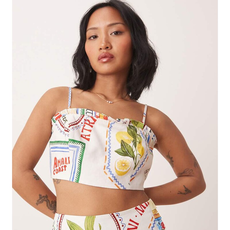 Forever New Petite bandeau top co-ord in postcard print-White 105221934