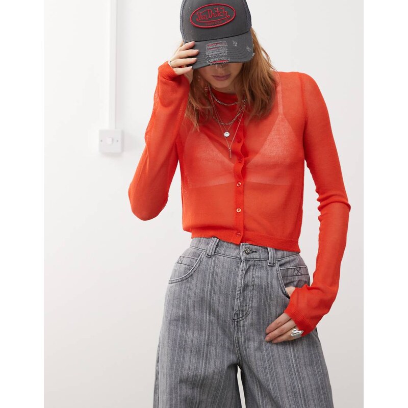 COLLUSION sheer knitted cardi in red-Multi 105212979