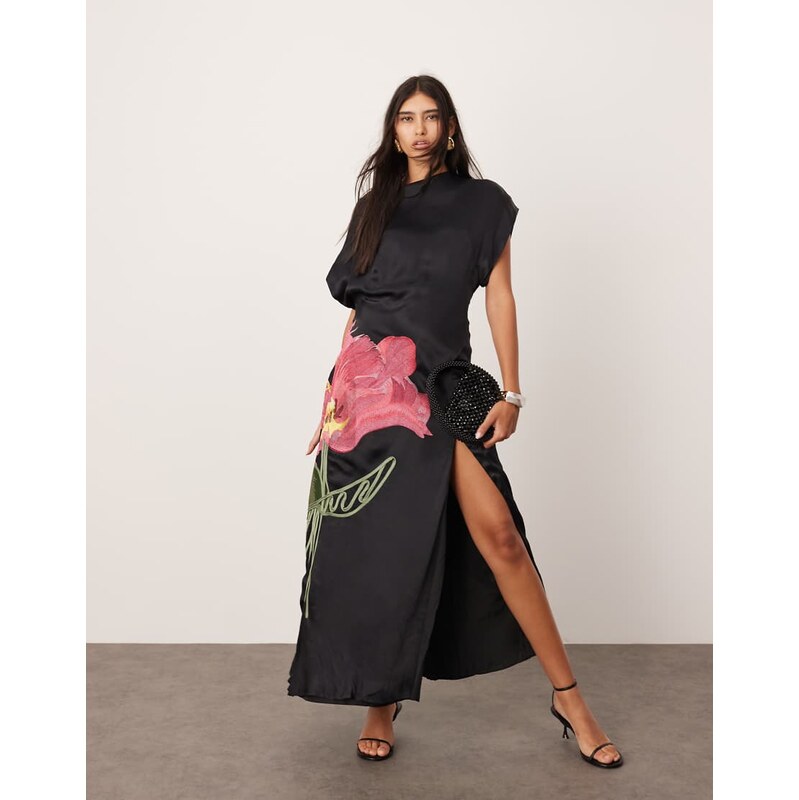 ARRANGE embroidered floral asymmetric maxi dress in black 105176883