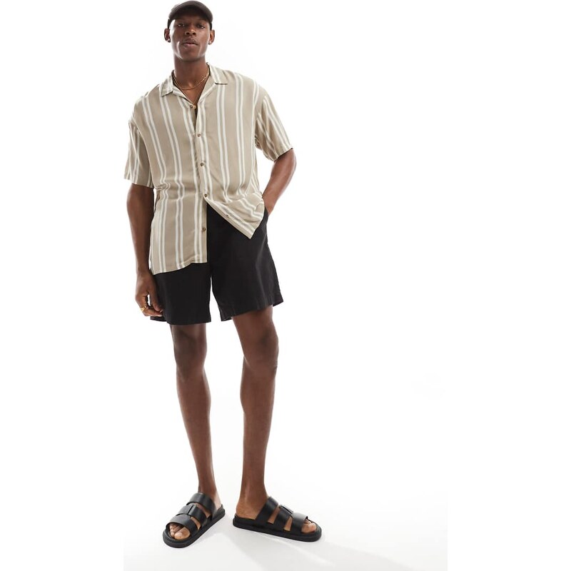 Jack & Jones revere collar striped short sleeve shirt in beige