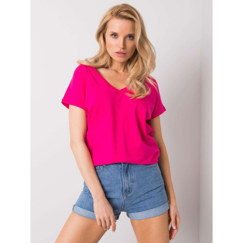 BASIC FEEL GOOD Růžové dámské tričko s výstřihem -fuchsia Tmavě růžová 115137374