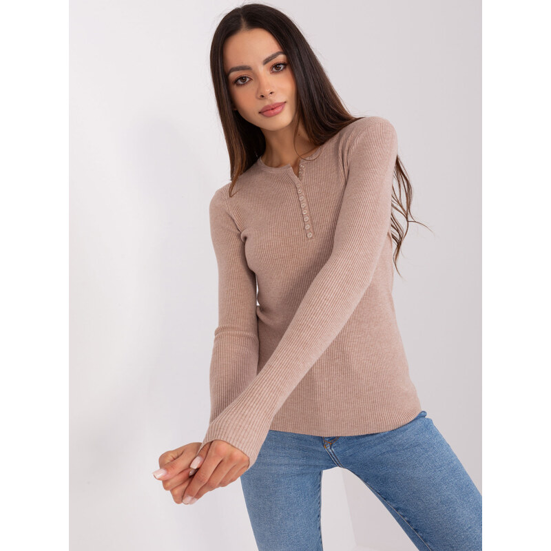 BASIC Tmavě béžové žebrované tričko s knoflíčky -dark beige