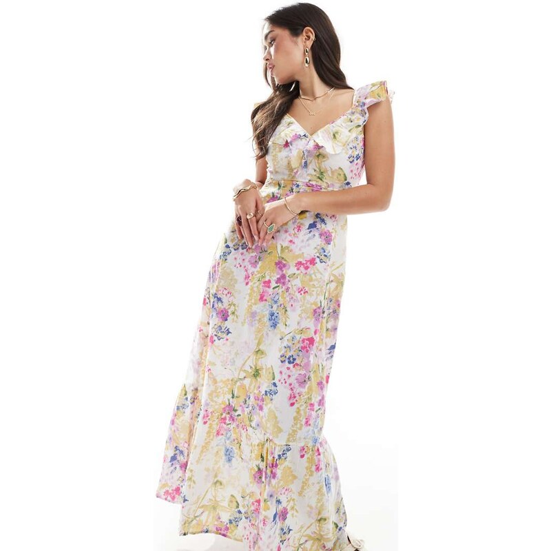 Vero Moda ruffle detail maxi dress in floral multi-White