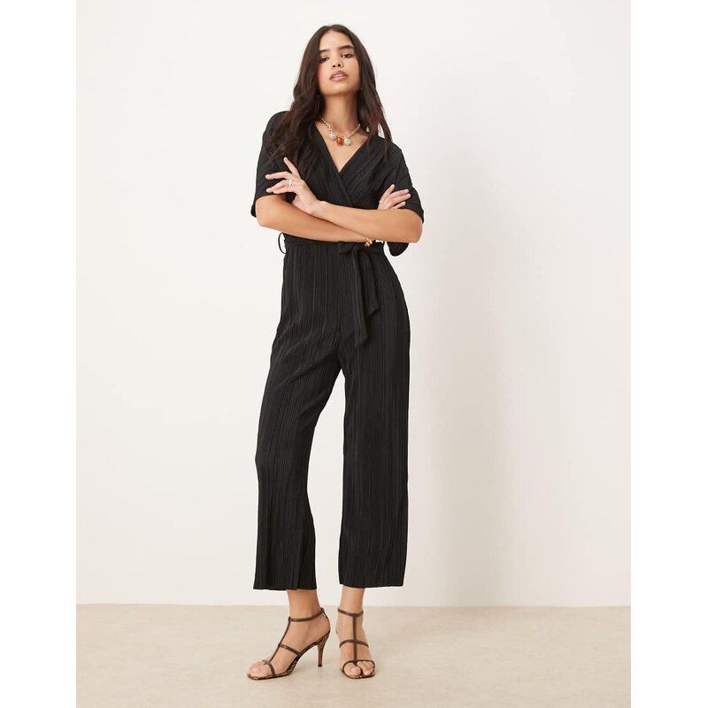 YAS plisse wrap front jumpsuit in black 113261040