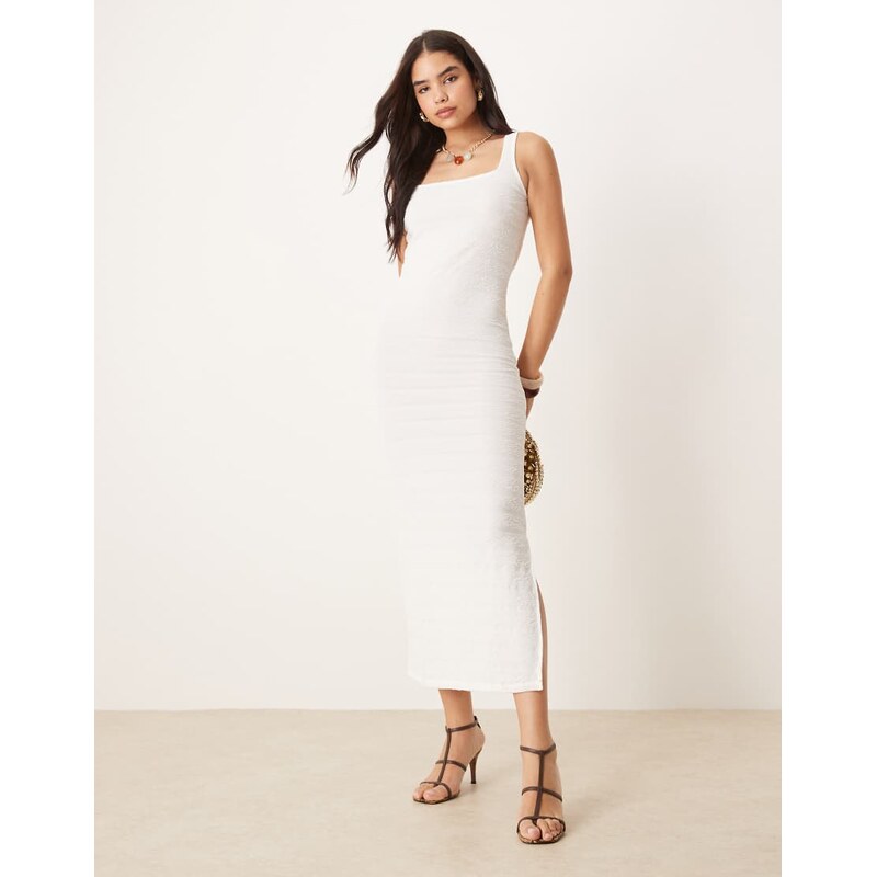 Vila jersey textured detail square neck midi dress in white