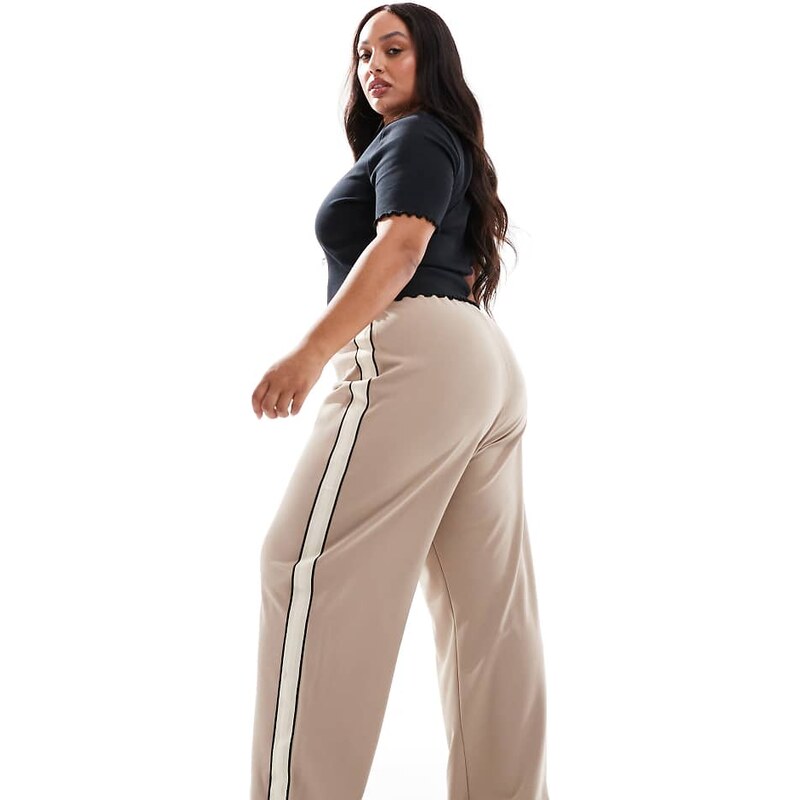 Vero Moda Curve loose pull on trousers with side stripe in fossil-Neutral