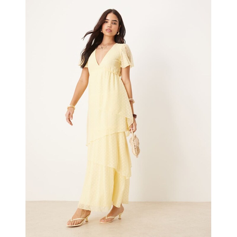 Vila tiered dobby ankle dress in pale yellow
