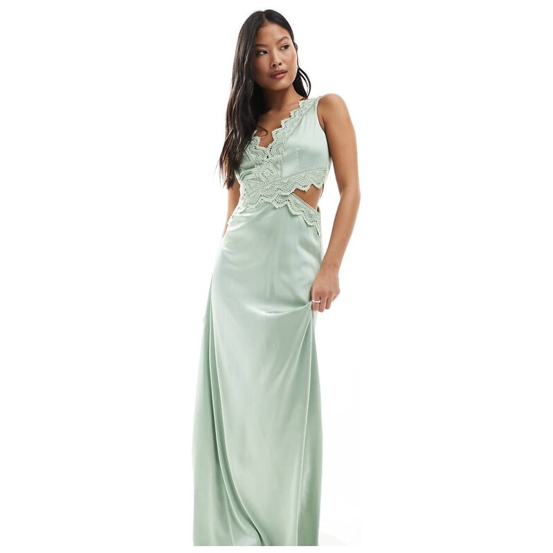 TFNC Petite Bridesmaid satin maxi dress with scalloped lace detail in 115510916