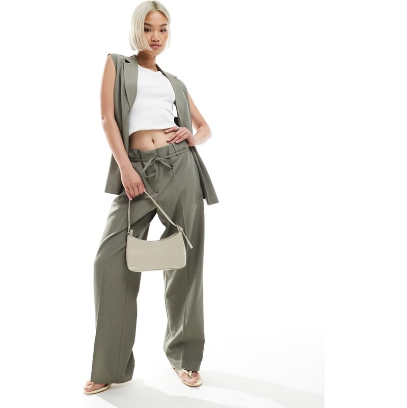 ONLY straight leg tailored trousers co-ord with string detail in sage 105183499