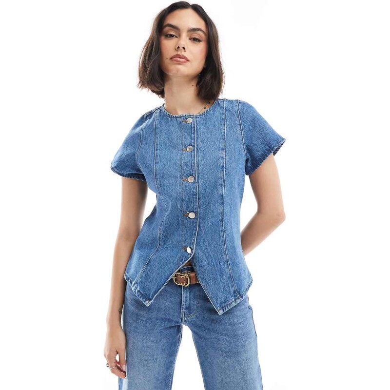 ASOS DESIGN denim button up short sleeve top in mid blue 105183585
