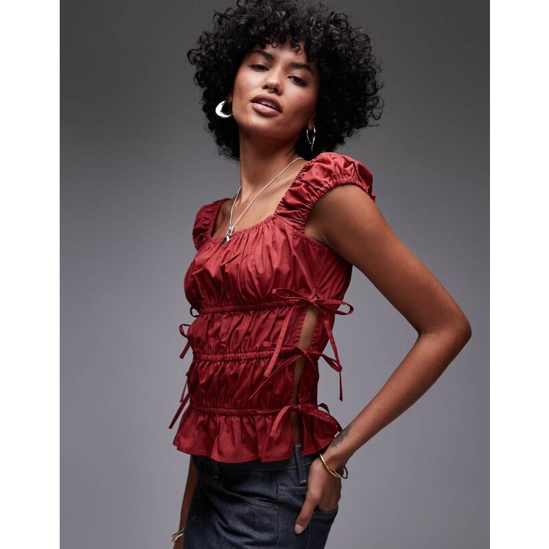Topshop ruched tiered tie side top in rust 105183893