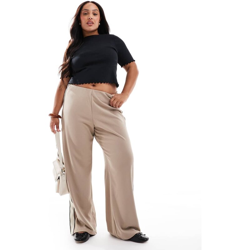 Vero Moda Curve loose pull on trousers with side stripe in fossil-Neutral