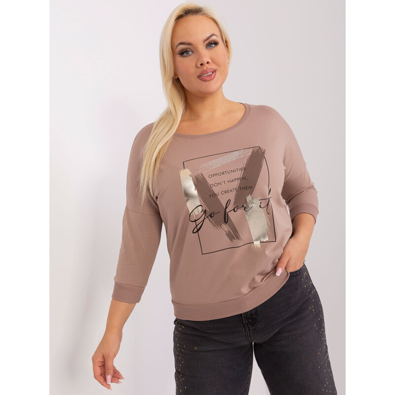RELEVANCE Tmavě béžové tričko s potiskem a 3/4 rukávem -dark beige 88287324