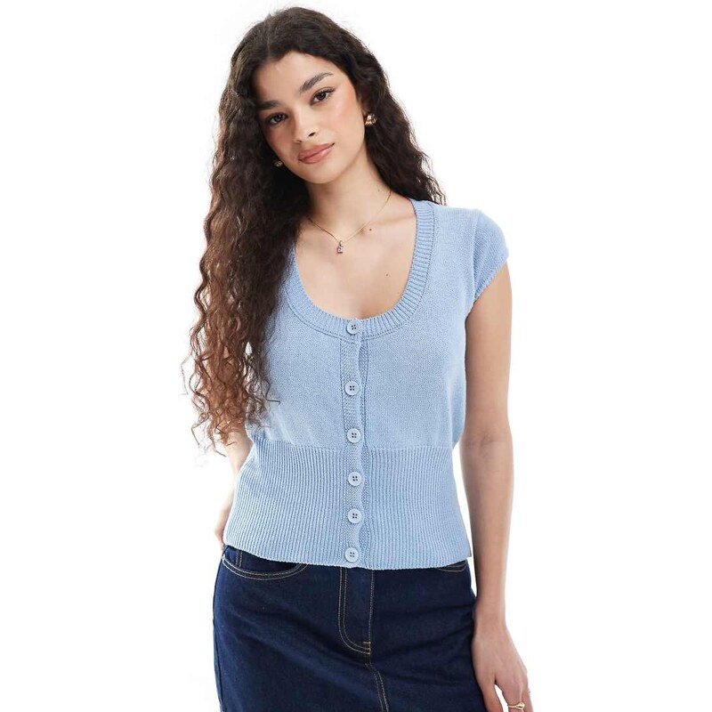 ASOS DESIGN knitted cinched cardigan with cap sleeve in light blue 105190684