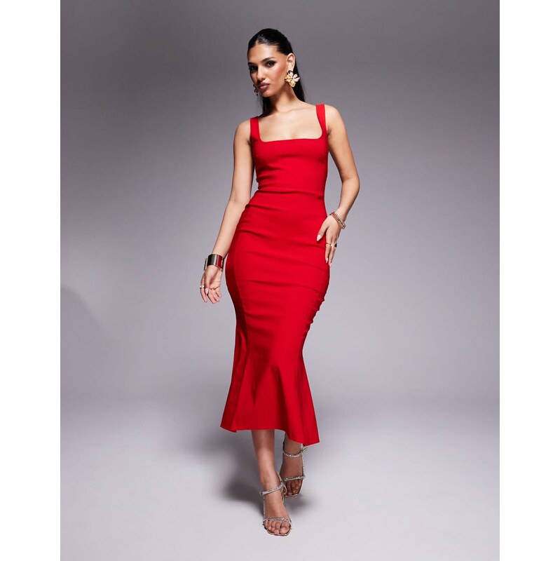 Vesper bengaline sleeveless square neck fishtail midi dress in