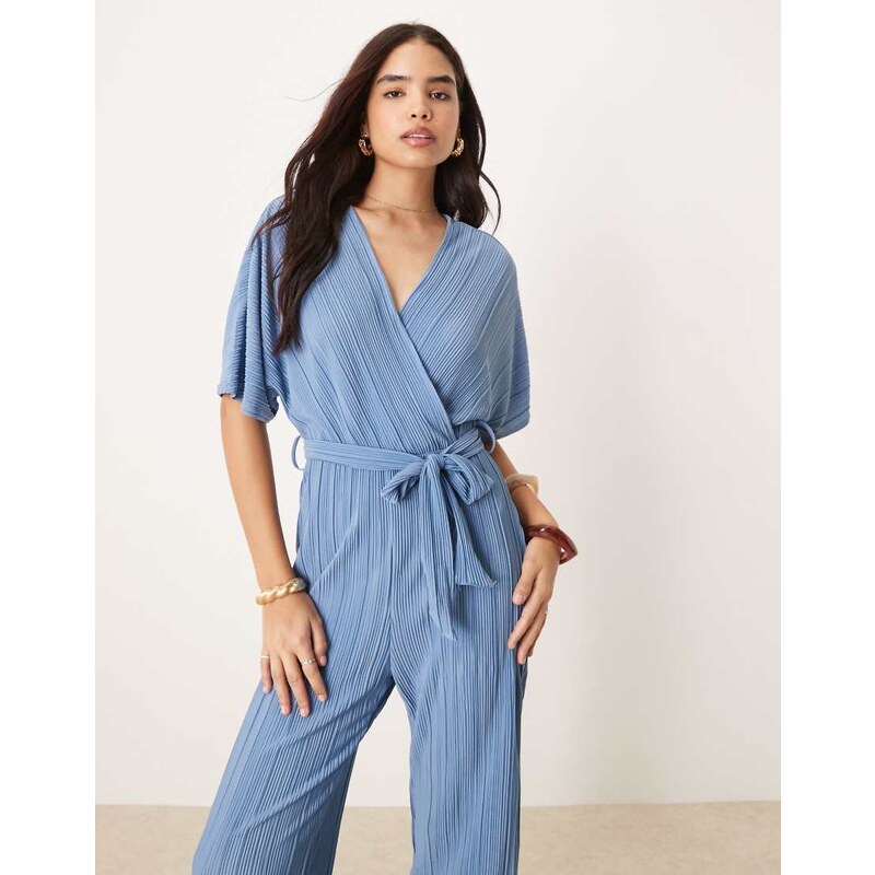 YAS plisse wrap front jumpsuit in blue 105191026