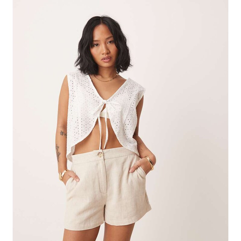 ASOS Petite ASOS DESIGN Petite relaxed dad shorts with linen in stone 115510173