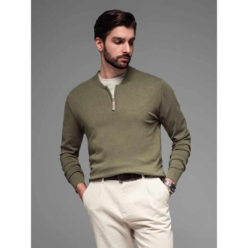 Ombre Clothing Moderní olivový pánský svetr V1 SWZS-0124