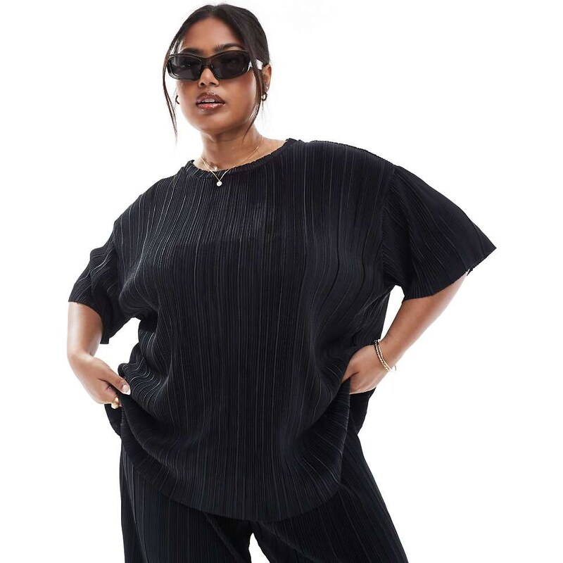 ONLY Curve boxy plisse t-shirt co-ord in black