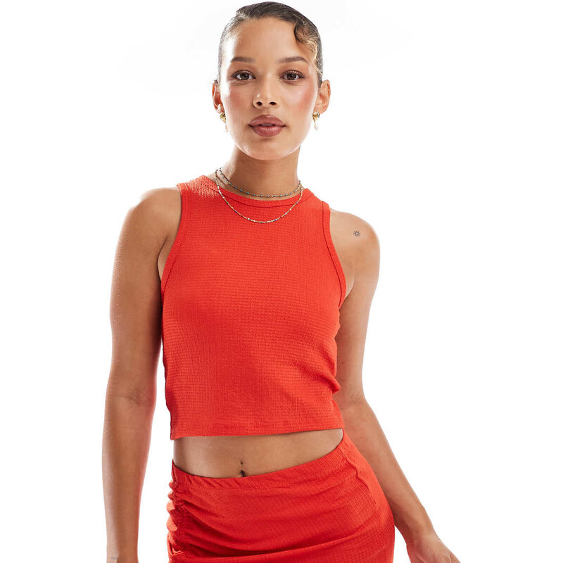 Vero Moda textured jersey beach cropped top co-ord in red 113437290