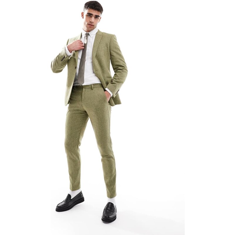 ASOS DESIGN skinny wool mix suit trouser in olive basketweave texture-Green