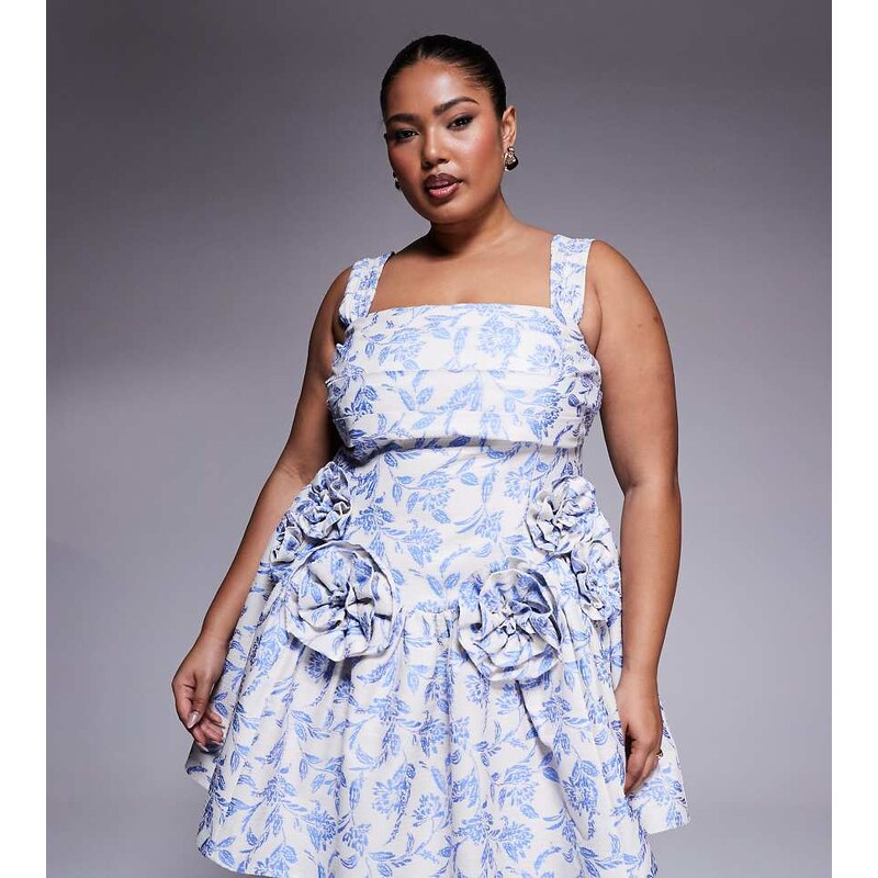 ASOS LUXE Curve jacquard pleated bust mini skater dress with corsages 105257178