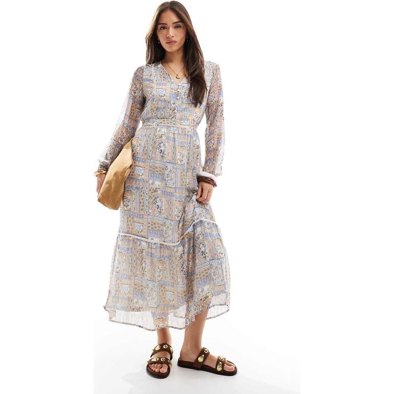 Vero Moda smock maxi dress in pink patchwork print-White 105221937