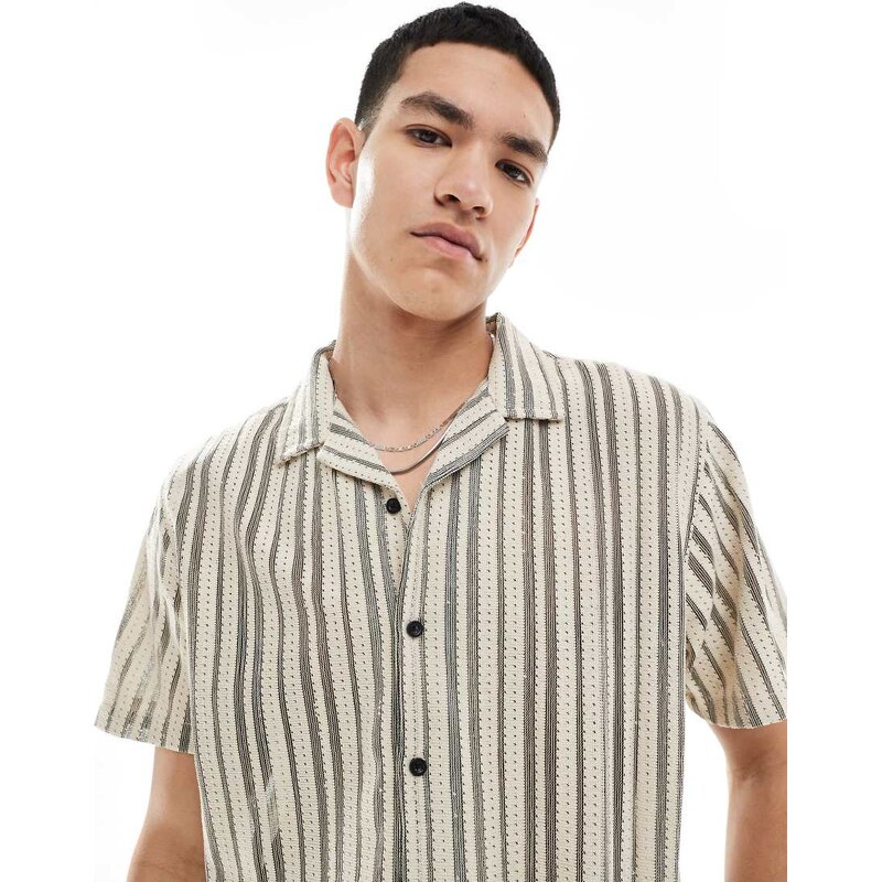 Brave Soul short sleeve shirt in ecru and black stripe-White