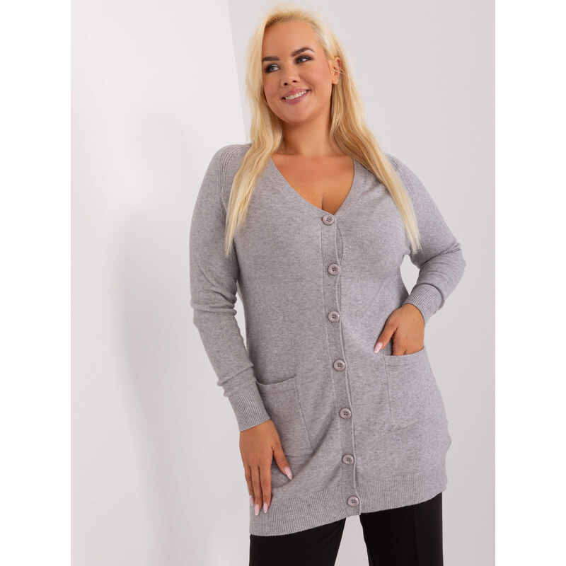 BASIC Šedý delší svetr na knoflíky s výstřihem do V -grey Šedá