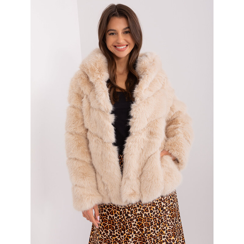 ITALY MODA Béžový dámský kožíšek s kapucí -beige Béžová 103580762