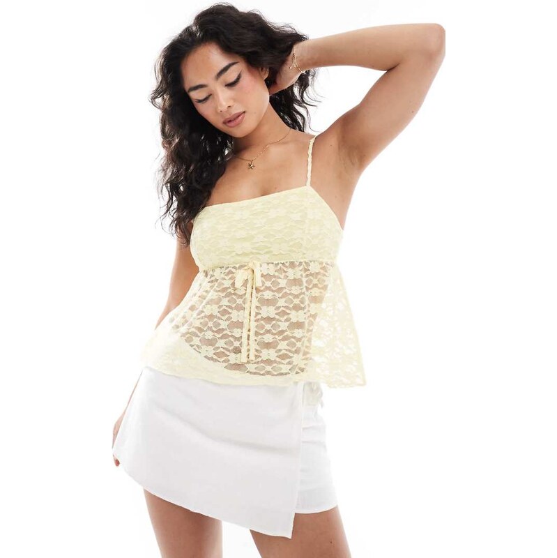 Miss Selfridge lace bow detail babydoll cami in buttermilk-White 105219363