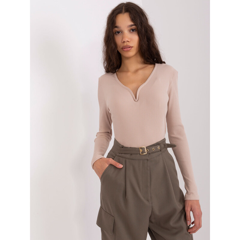 BASIC FEEL GOOD Béžové žebrované tričko s výstřihem --beige Béžová 87076110
