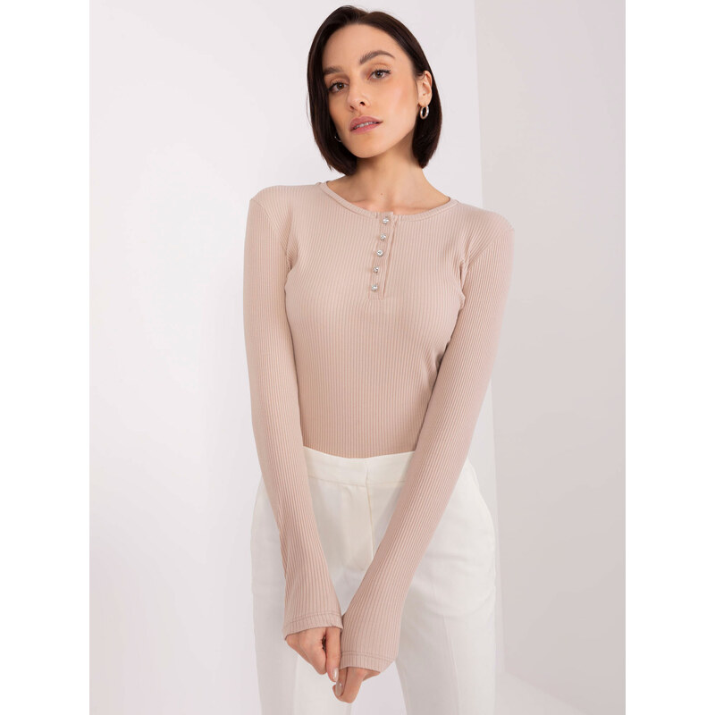 BASIC FEEL GOOD Béžové žebrované tričko s kulatým výstřihem -beige 87161331